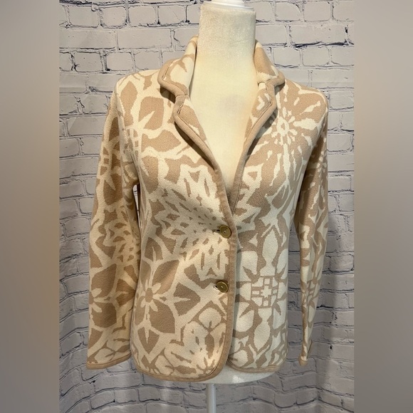 Isaac Mizrahi Live Floral Jacquard Sweater Blazer-Tan & Cream- 2 Button size XS - Picture 1 of 6